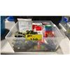 Image 1 : CLEAR PLASTIC BIN OF ASSORTED HEAD LAMPS, GIGASTONE SD CARDS, MEASURING TOOLS, & TAPE *BIN INCLUDED*