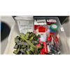 Image 2 : CLEAR PLASTIC BIN OF ASSORTED HEAD LAMPS, GIGASTONE SD CARDS, MEASURING TOOLS, & TAPE *BIN INCLUDED*