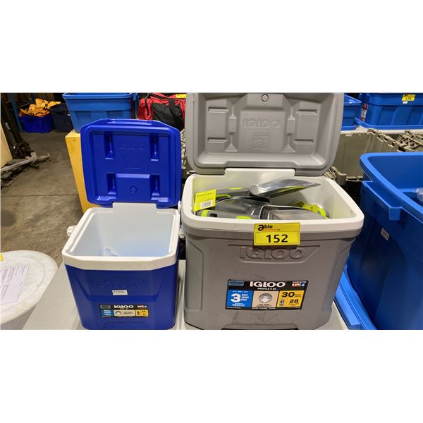 IGLOO PROFILE II 30 GREY PORTABLE COOLER WITH HAND SHOVELS, & BLUE PORTABLE COOLER WITH ICE PACKS