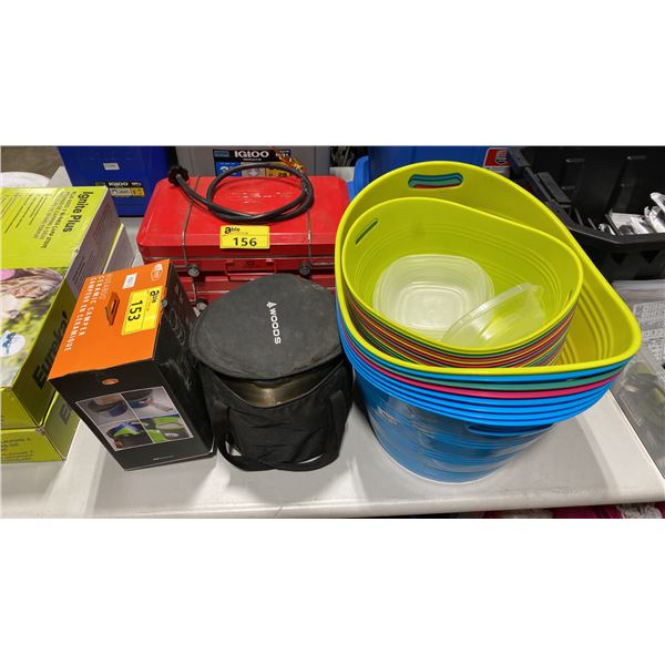 WOODS OUTDOOR CAMPING DISHES & STACK OF VARIOUS SIZED PLASTIC TRANSPORT BASKETS
