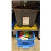 Image 1 : 2 PLASTIC BINS OF ASSORTED OUTDOOR DISHWARE & ITEMS *BINS INCLUDED*