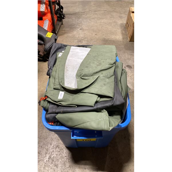 BLUE PLASTIC BIN OF ASSORTED OUTDOOR RAIN GEAR *BIN INCLUDED*