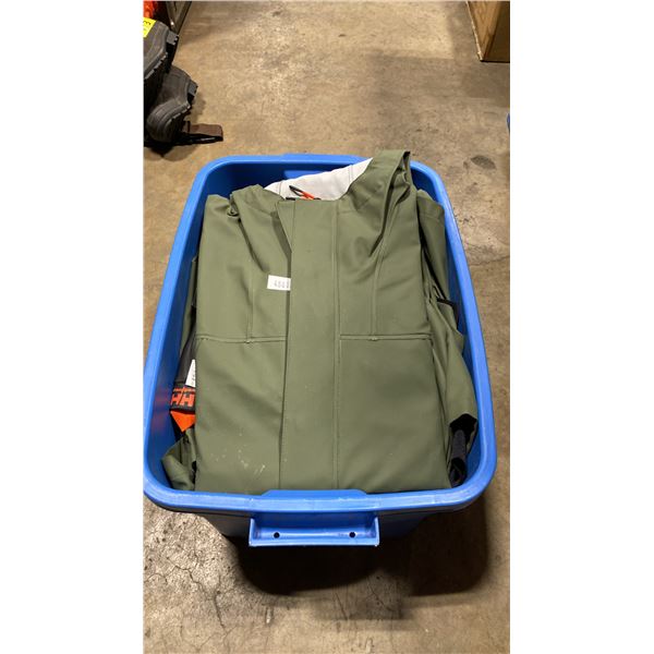 BLUE PLASTIC BIN OF ASSORTED OUTDOOR RAIN GEAR *BIN INCLUDED*