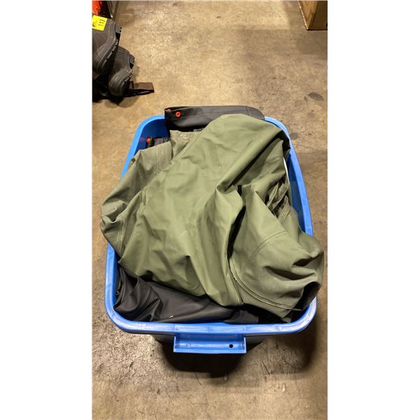 BLUE PLASTIC BIN OF ASSORTED OUTDOOR RAIN GEAR *BIN INCLUDED*