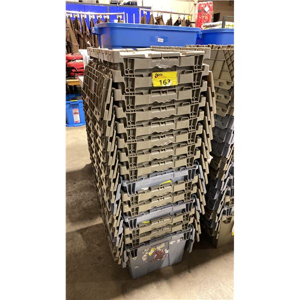 STACK OF 15 GREY PLASTIC COMMERCIAL FOLD TOP STACKING STORAGE BINS