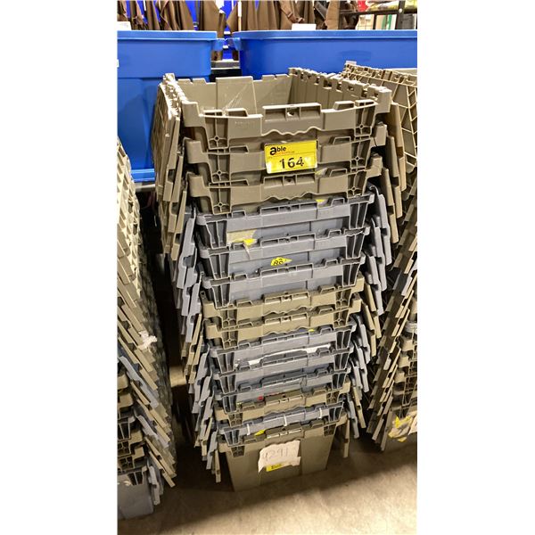 STACK OF 15 GREY PLASTIC COMMERCIAL FOLD TOP STACKING STORAGE BINS