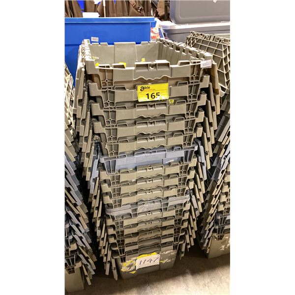 STACK OF 15 GREY PLASTIC COMMERCIAL FOLD TOP STACKING STORAGE BINS