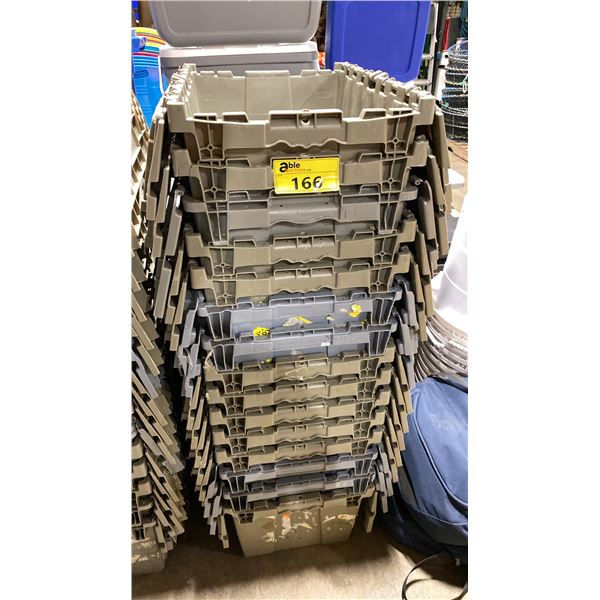 STACK OF 15 GREY PLASTIC COMMERCIAL FOLD TOP STACKING STORAGE BINS