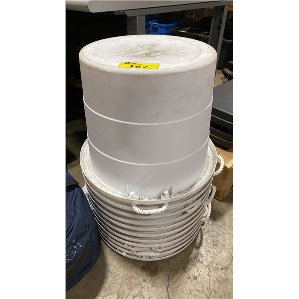STACK OF 11 UNITED PLASTICS WHITE ROPE HANDLED TRANSPORT BUCKETS