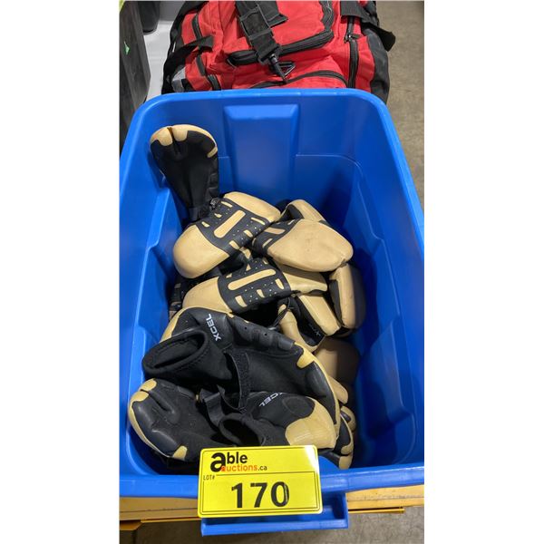 BLUE PLASTIC BIN OF ASSORTED XCEL COMMERCIAL WATER SHOES *BIN INCLUDED*
