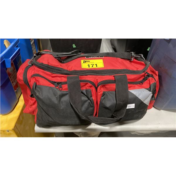 COMMERCIAL BACKCOUNTRY LEVEL 3 EMERGENCY FIRST AID KIT IN RED DUFFEL STYLE TRANSPORT BAG