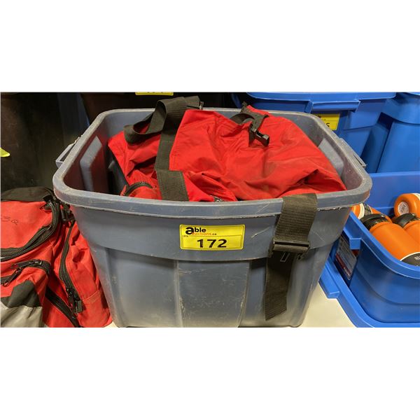 BLUE PLASTIC BIN OF ASSORTED RED INDUSTRIAL PROTECTIVE CHAPS *BIN INCLUDED*
