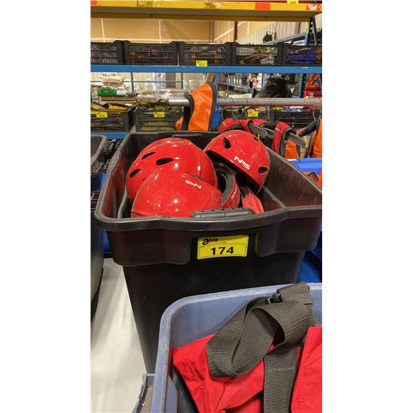BLACK PLASTIC BIN OF ASSORTED SWIFT WATER HELMETS *BIN INCLUDED*