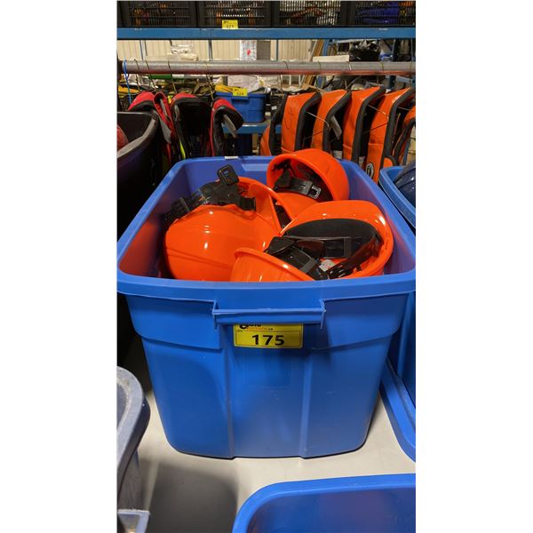 BLUE PLASTIC BIN OF ASSORTED CONSTRUCTION HELMETS *BIN INCLUDED*