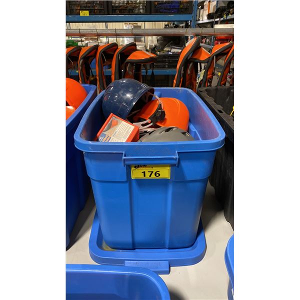 BLUE PLASTIC BIN OF ASSORTED CONSTRUCTION HELMETS *BIN INCLUDED*