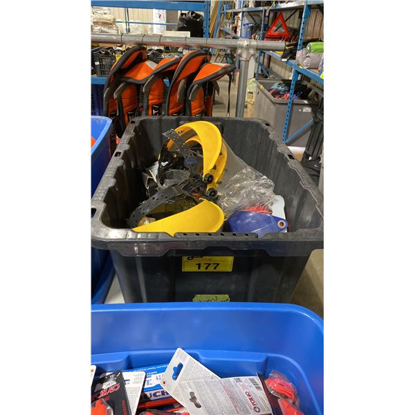 BLACK PLASTIC BIN OF ASSORTED INDUSTRIAL FACE SHIELDS *BIN INCLUDED*