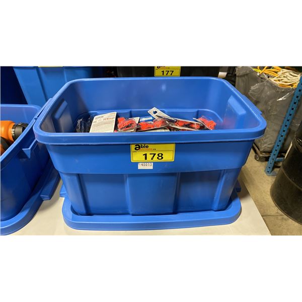 BLUE PLASTIC BIN OF ASSORTED PPE, WHISTLES, & GLOVES *BIN INCLUDED*