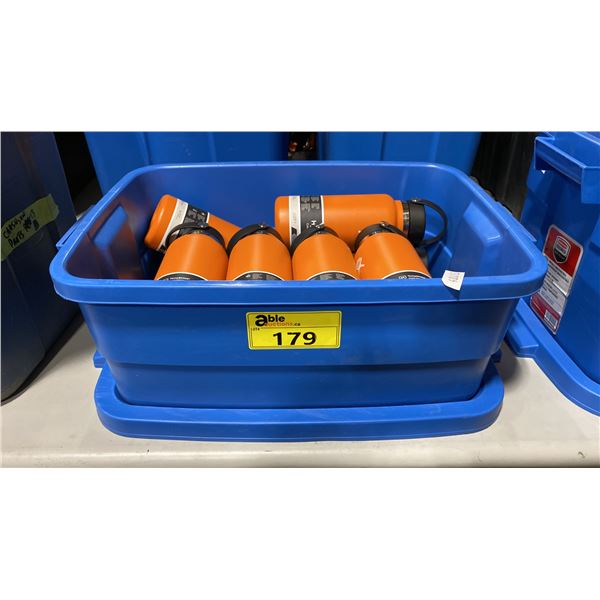 BLUE PLASTIC BIN OF ORANGE METAL 946 ML HYDRO FLASK BOTTLES *BIN INCLUDED*