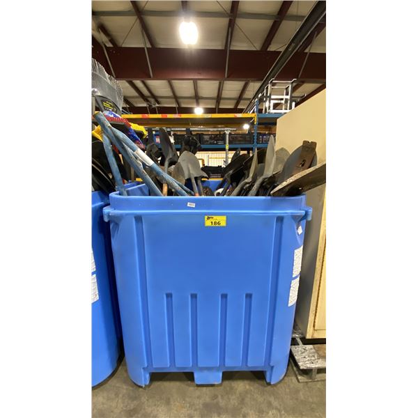 LARGE PLASTIC PALLET CRATE OF ASSORTED SHOVELS, TARPS, & LARGE TOOLS *PALLET CRATE INCLUDED*