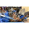 Image 2 : LARGE PLASTIC PALLET CRATE OF ASSORTED SHOVELS, TARPS, & LARGE TOOLS *PALLET CRATE INCLUDED*