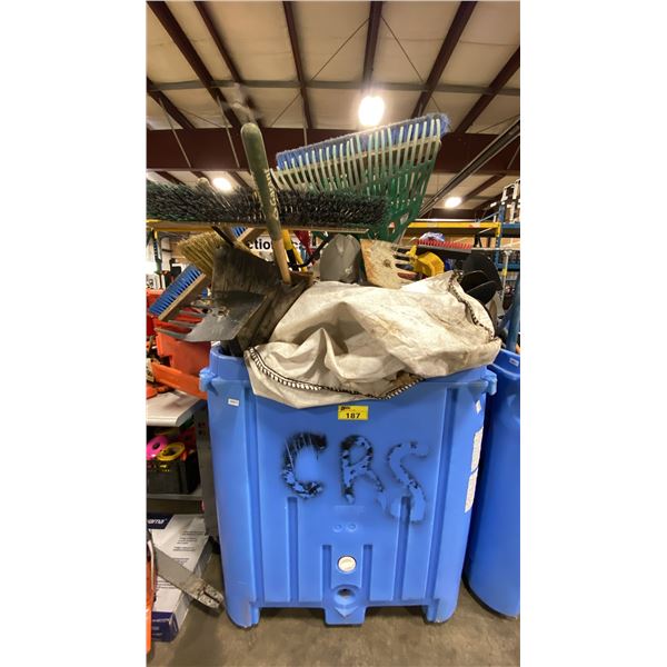 LARGE PLASTIC PALLET CRATE OF ASSORTED SHOVELS, RAKES, BROOMS, & LARGE TOOLS *PALLET CRATE