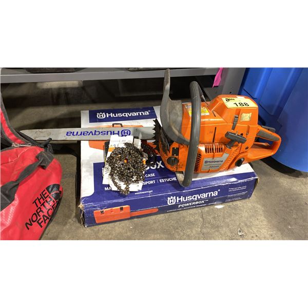 HUSQVARNA 390XP GAS POWERED CHAIN SAW WITH 39" BLADE, ASSORTED CHAINS, & HUSQVARNA POWER BOX HARD