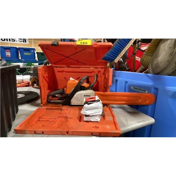 STIHL MS 170 GAS POWERED CHAIN SAW WITH ASSORTED CHAINS, & HARD PLASTIC TRANSPORT CASE