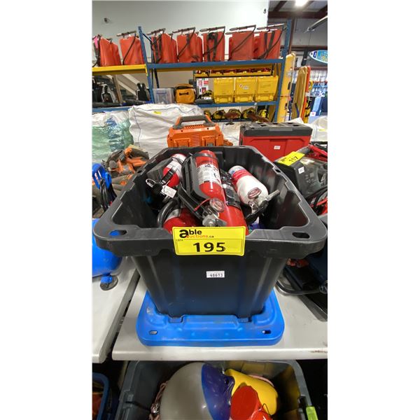 BLACK PLASTIC BIN OF ASSORTED FIRE EXTINGUISHERS & HANGERS *PLASTIC BIN INCLUDED*