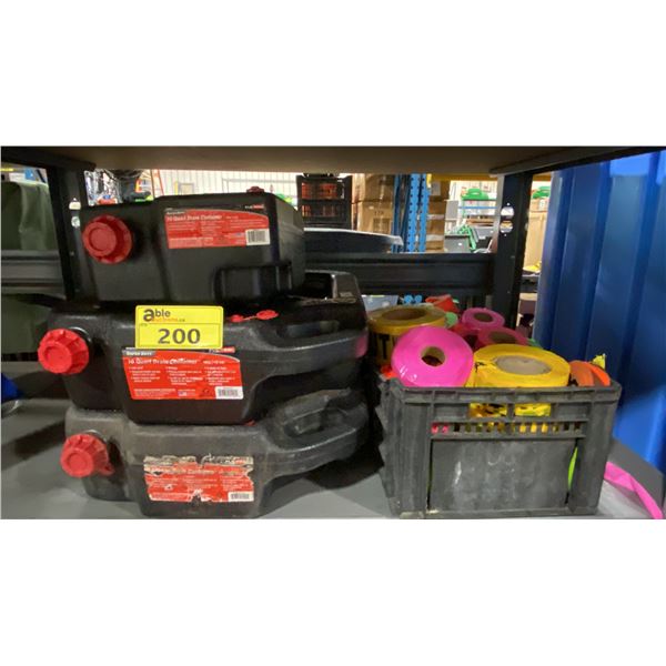 3 SUPER DUTY OIL DRAIN CONTAINERS & BIN OF ASSORTED MARKING / CAUTION TAPE *BIN INCLUDED*