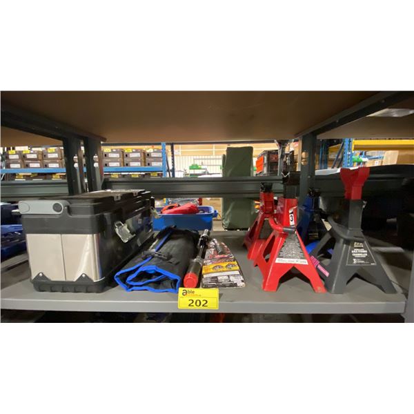 MASTERCRAFT TOOL SET, BILLY CLUB UNIVERSAL TIRE IRON, 4 ASSORTED 3 TON JACK STANDS, & TOOLBOX WITH