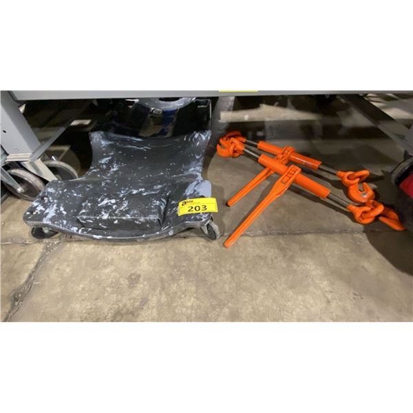 PAIR OF ORANGE INDUSTRIAL CHAIN BINDERS, & BLACK PROFESSIONAL MECHANICS CREEPER