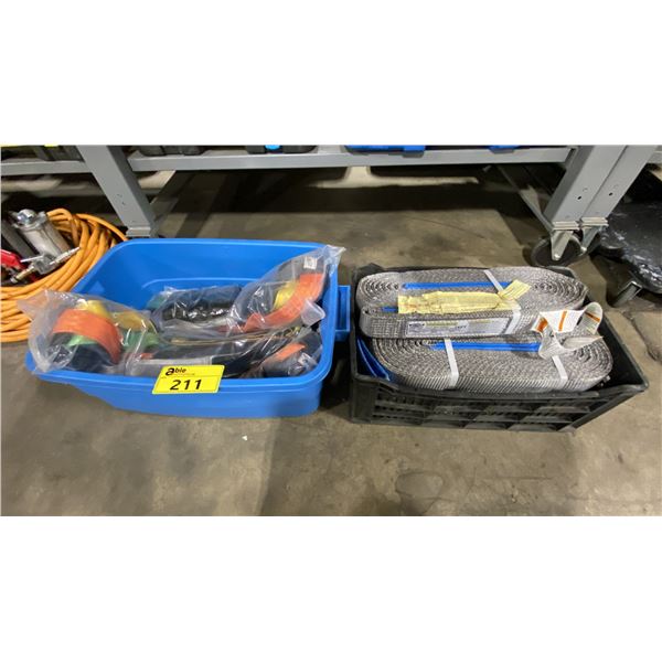 BIN OF 24'  GEY WESCO INDUSTRIAL LIFTING SLINGS & BIN OF FASTRAP SAFETY STRAPS *BINS INCLUDED*