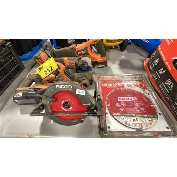 RIDGID CORDLESS CIRCULAR SAW WITH BATTERY, 2 RIDGID RECIPROCATING SAWS WITH BATTERIES, RIDGID ANGLE