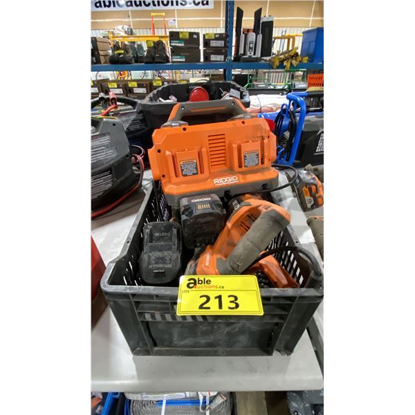 2 RIDGID CORDLESS RECIPROCATING SAWS, 2 RIDGID CORDLESS ANGLE GRINDERS, RIDGID ELECTRIC MULTI