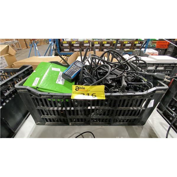 BIN OF ICOM PORTABLE HAND HELD RADIOS, REMOTE SPEAKERS, POWER ADAPTERS, & BELT CLIPS *BIN INCLUDED*