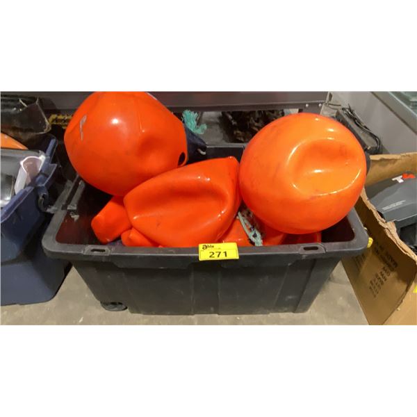 LARGE PLASTIC BIN OF ORANGE BOAT FLOATS / BUMPERS *BIN INCLUDED*