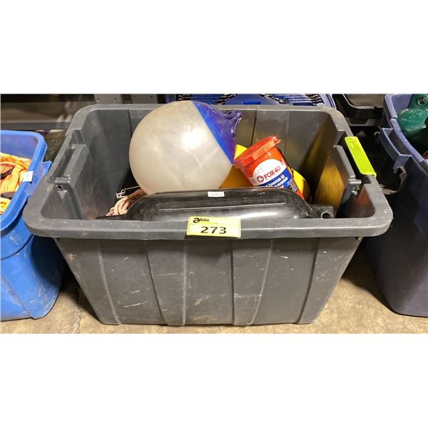 LARGE PLASTIC BIN OF ORANGE BOAT FLOATS / BUMPERS, ROPE, & REPAIR KITS *BIN INCLUDED*