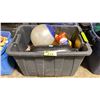 Image 1 : LARGE PLASTIC BIN OF ORANGE BOAT FLOATS / BUMPERS, ROPE, & REPAIR KITS *BIN INCLUDED*