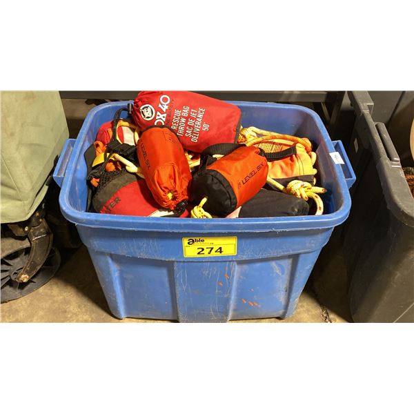 LARGE PLASTIC BIN OF RESCUE THROW BAGS *BIN INCLUDED*