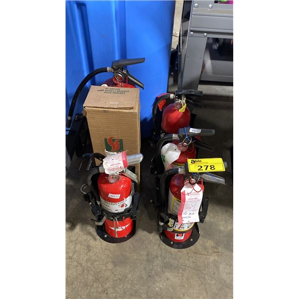 6 VARIOUS SIZED COMMERCIAL FIRE EXTINGUISHERS & HANGING BRACKETS