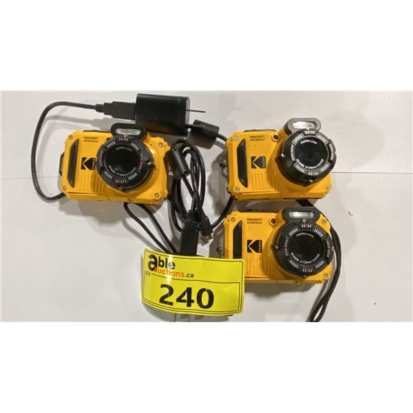 3 YELLOW KODAK 15M/50FT WATERPROOF DIGITAL CAMERAS WITH CHARGE CABLE & BATTERIES *NO SD CARDS*