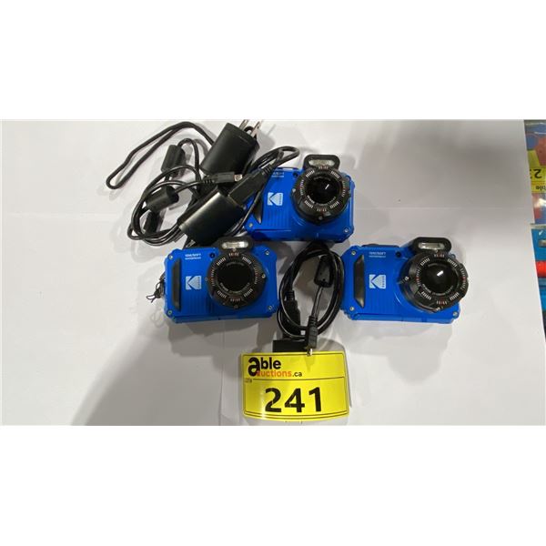 3 BLUE KODAK 15M/50FT WATERPROOF DIGITAL CAMERAS WITH CHARGE CABLE & BATTERIES *NO SD CARDS*