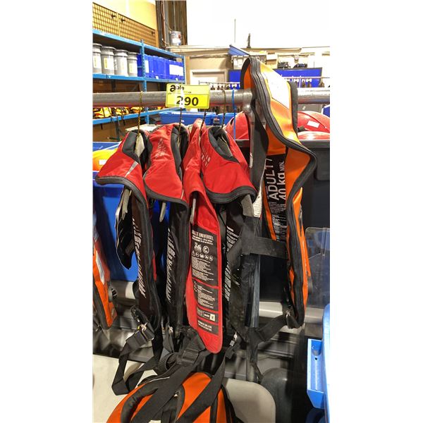 4 MUSTANG SURVIVAL RED SIZE ADULT AUTOMATIC INFLATABLE LIFE JACKET & 1 MUSTANG SURVIVAL ORANGE