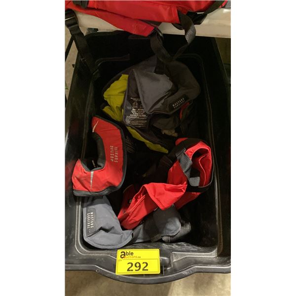 BIN OF ASSORTED MUSTANG SURVIVAL ADULT AUTOMATIC INFLATABLE LIFE JACKETS *BIN INCLUDED*