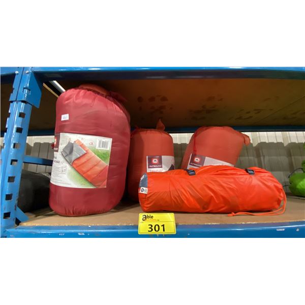 3 OUTBOUND ZERO DEGREE RATED SLEEPING BAGS IN SOFT TRANSPORT BAGS & RED TVG2 OUTDOOR TENT IN SOFT