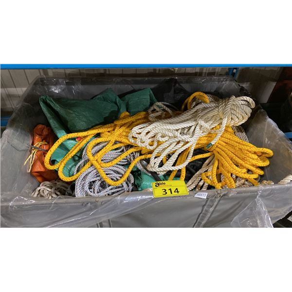 LARGE GREY MOBILE BIN OF ASSORTED INDUSTRIAL ROPES & TARPS *MOBILE BIN NOT INCLUDED*