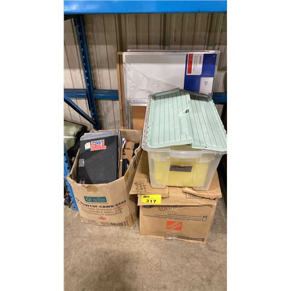 PLASTIC BIN OF BIOHAZARD BINS, 2 BOXES OF PLASTIC BINDERS & ASSORTED WHITE / CORK BOARDS