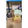 Image 1 : PLASTIC BIN OF BIOHAZARD BINS, 2 BOXES OF PLASTIC BINDERS & ASSORTED WHITE / CORK BOARDS