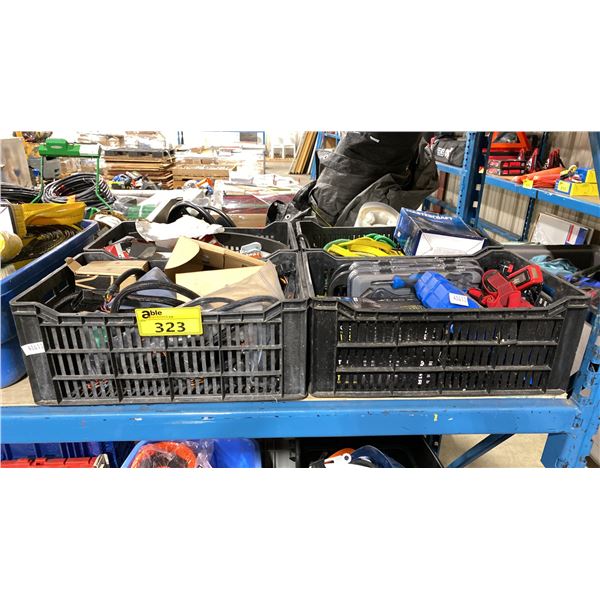 4 PLASTIC BINS OF INDUSTRIAL BUNGEE CORDS, HAND TOOLS & ELECTRICAL ITEMS *BINS INCLUDED*