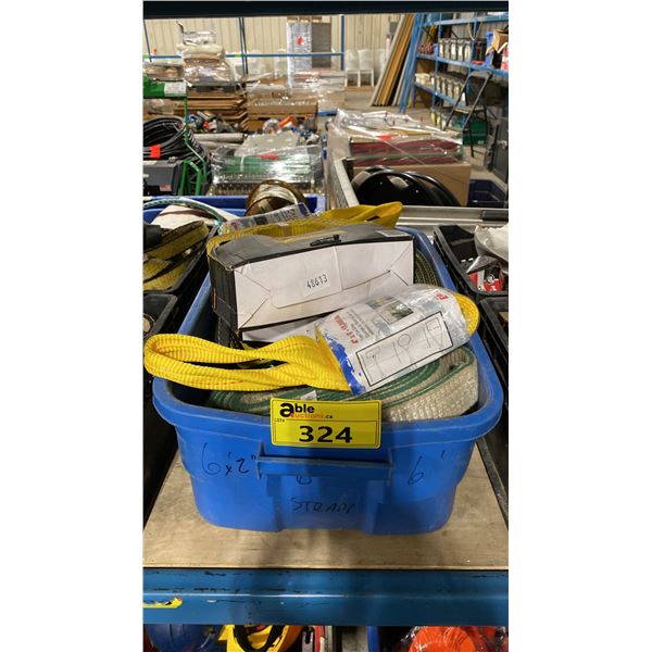 BLUE PLASTIC BIN OF INDUSTRIAL SLINGS / LIFTING STRAPS *BIN INCLUDED*